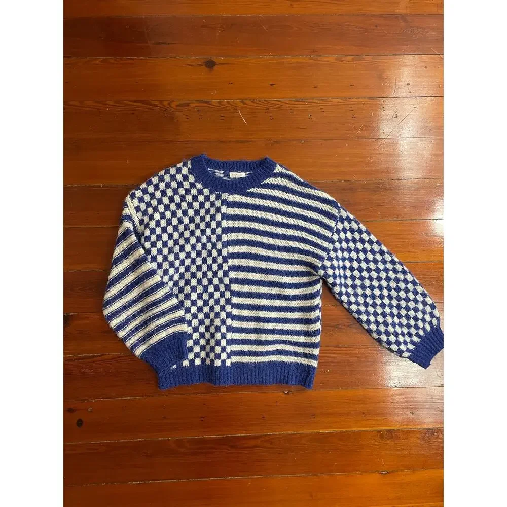 Blu Pepper Large Blue Ivory Mixed Pattern Checkerboard Knit Sweater